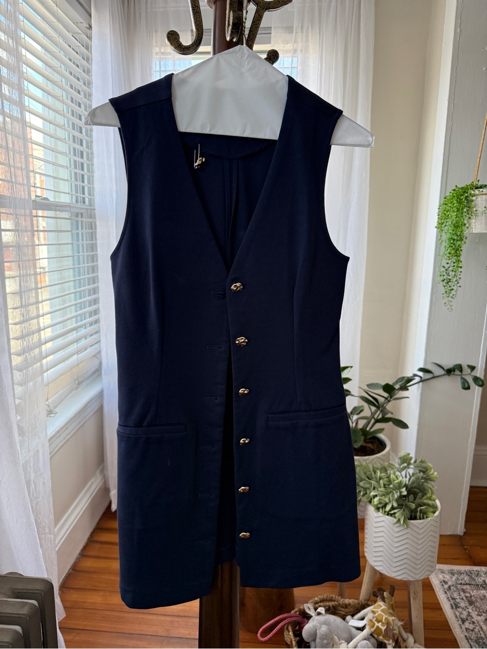 Willow & Wind Navy Longline Vest Size S Gold Button Blazer Dress